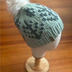 Handknit Merino Wool Beanie: Alpine Green Tree Pattern, Faux Fur Pom